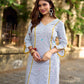 Classic White Ikat Cotton Kurta with Multicolor Butti & Contrast Yellow Highlight