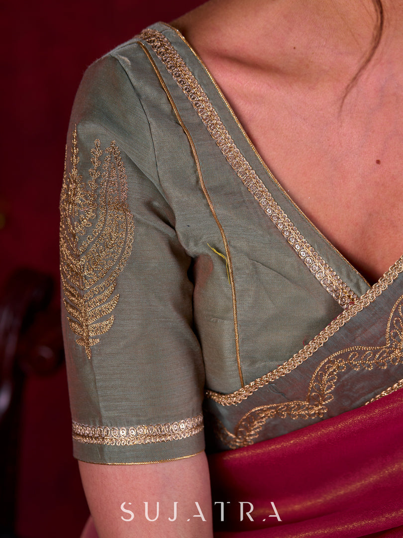 Soft Pink Silk Blend Saree with Intricate Green Chanderi Embroidered Border