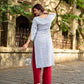 Classic White Ikat Cotton Kurta with Multicolor Butti & Contrast Yellow Highlight