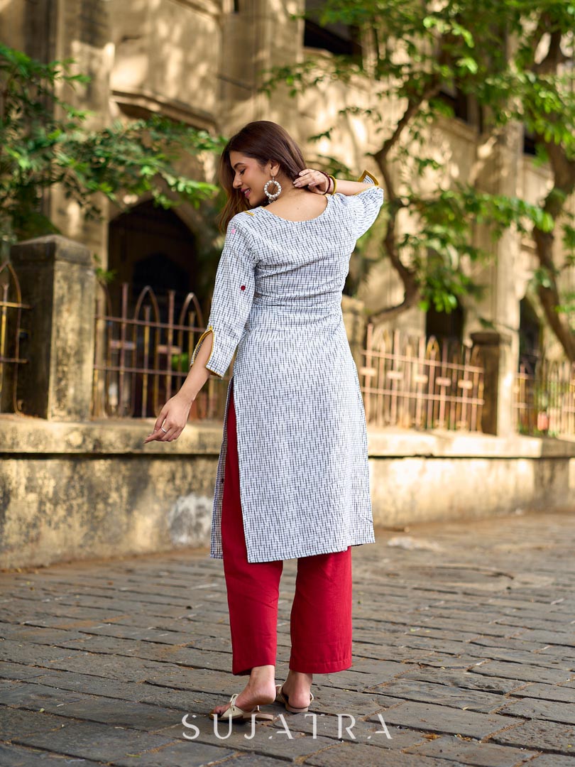 Classic White Ikat Cotton Kurta with Multicolor Butti & Contrast Yellow Highlight