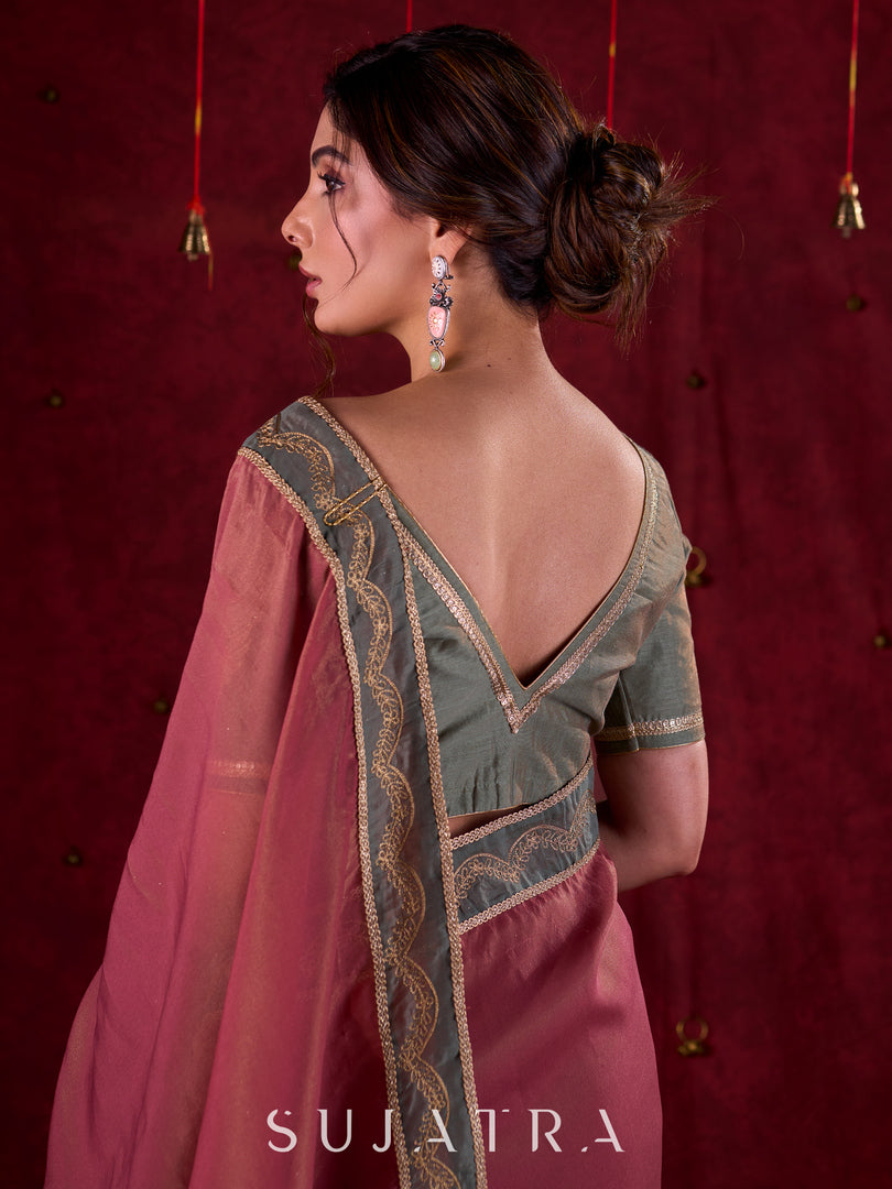 Soft Pink Silk Blend Saree with Intricate Green Chanderi Embroidered Border