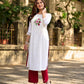 Ethereal White Cotton Kurta with Floral Embroidery & Structured Front Pleats