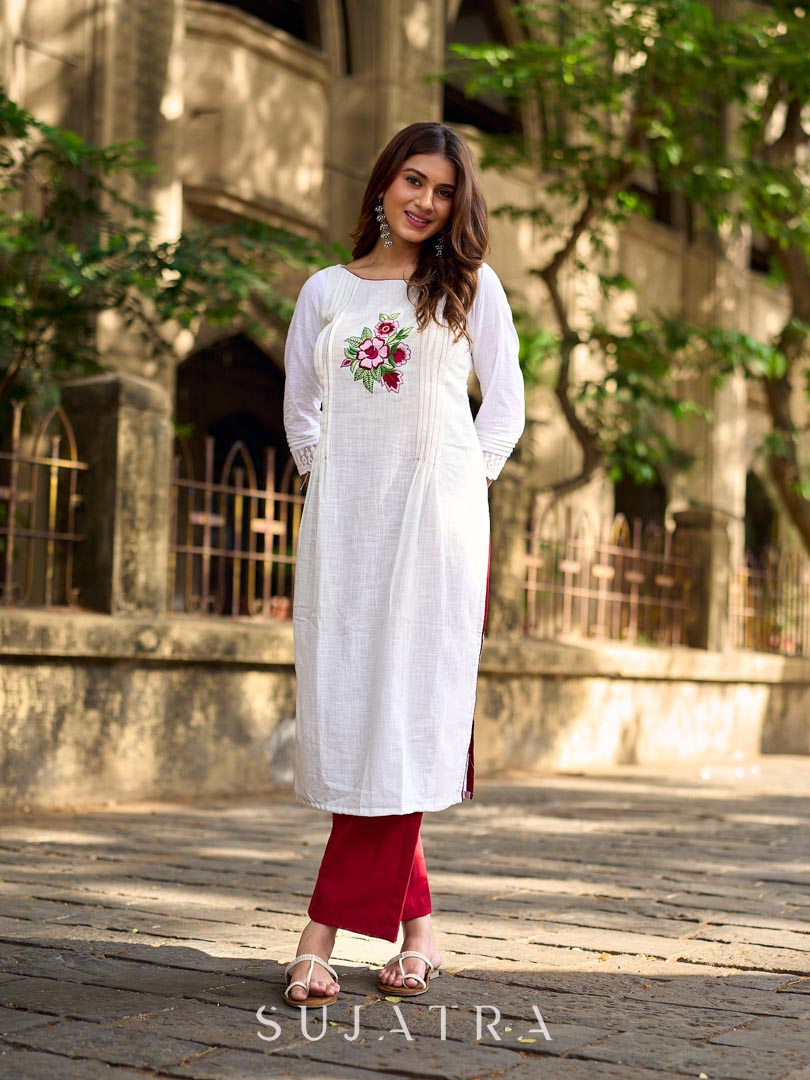 Ethereal White Cotton Kurta with Floral Embroidery & Structured Front Pleats