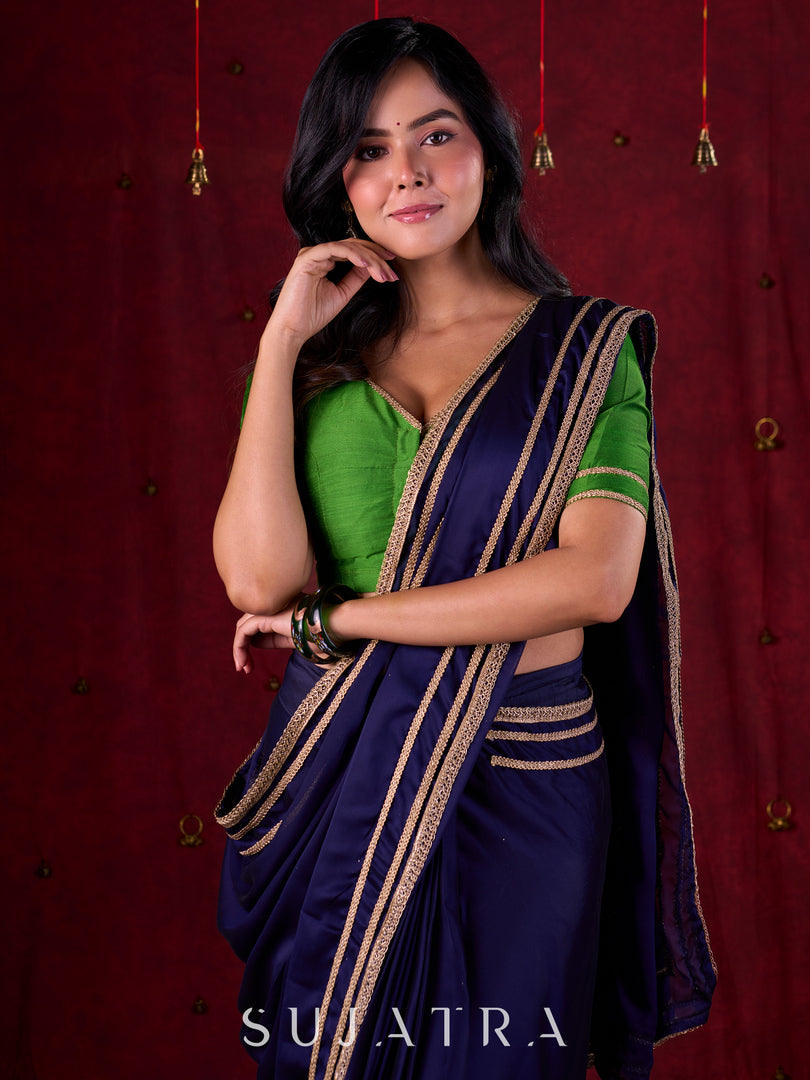 Royal Navy Silk Blend Ready To Wear Saree Adorned with Subtle Golden Lace