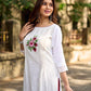Ethereal White Cotton Kurta with Floral Embroidery & Structured Front Pleats