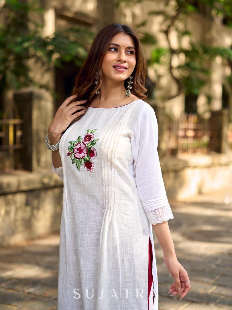 Ethereal White Cotton Kurta with Floral Embroidery & Structured Front Pleats