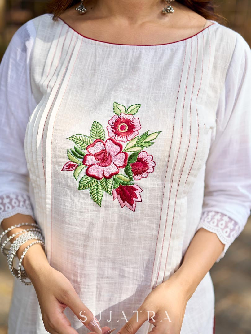 Ethereal White Cotton Kurta with Floral Embroidery & Structured Front Pleats