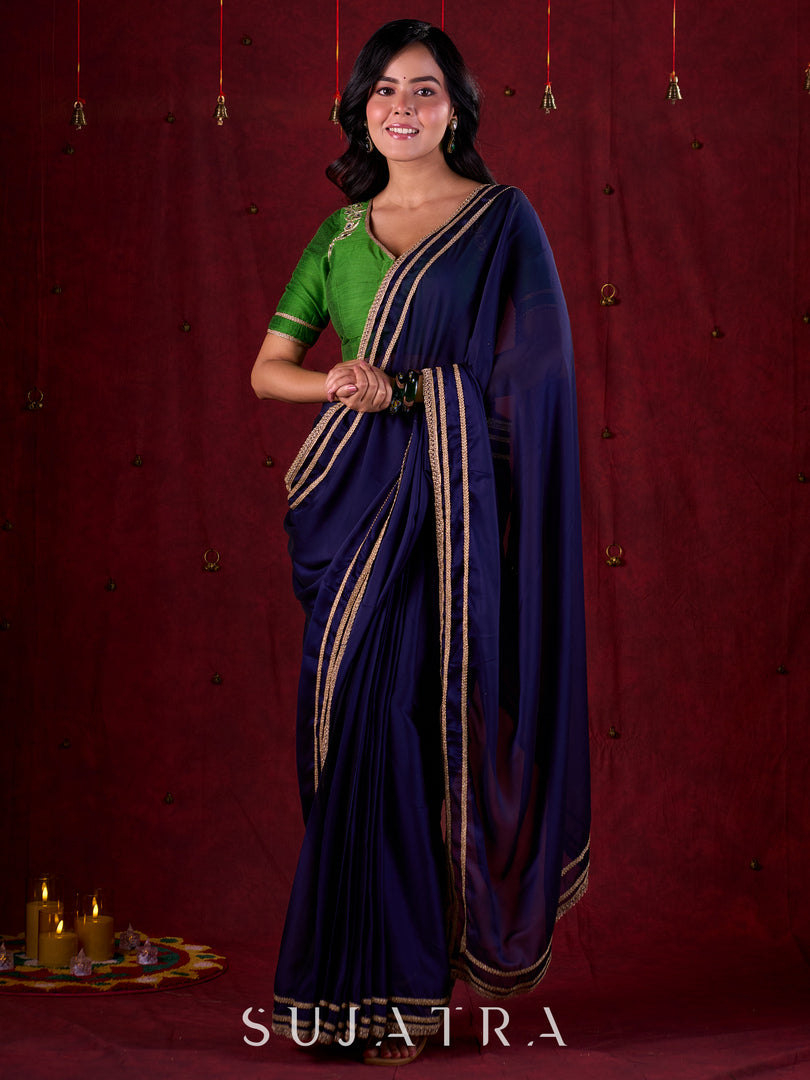 Royal Navy Silk Blend Ready To Wear Saree Adorned with Subtle Golden Lace