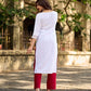 Ethereal White Cotton Kurta with Floral Embroidery & Structured Front Pleats