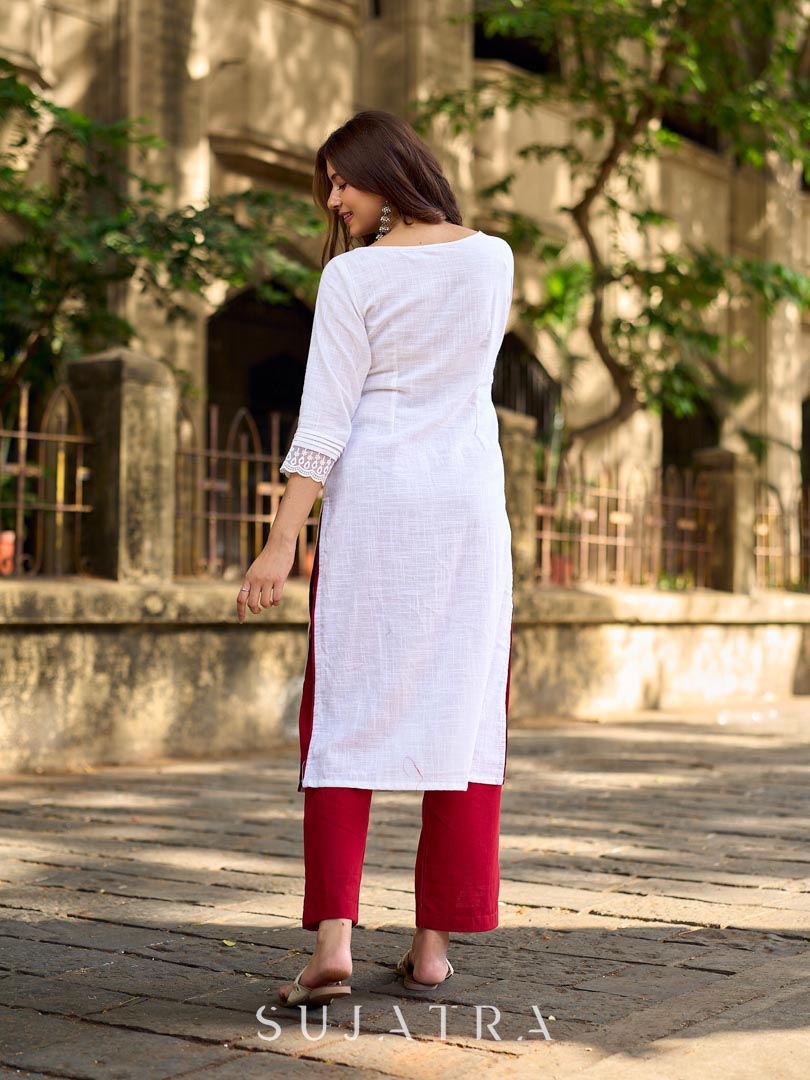 Ethereal White Cotton Kurta with Floral Embroidery & Structured Front Pleats
