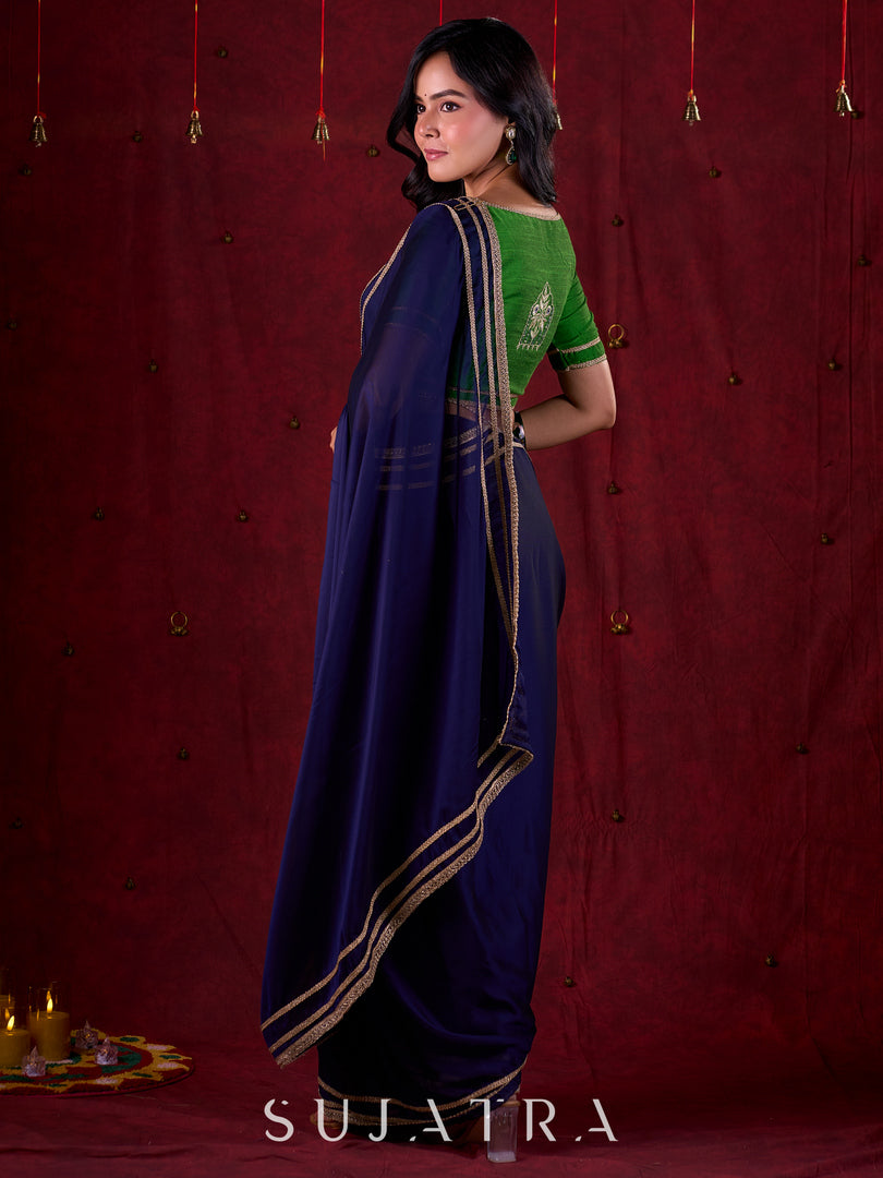 Royal Navy Silk Blend Ready To Wear Saree Adorned with Subtle Golden Lace