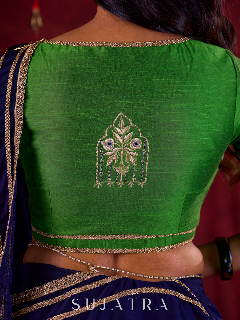 Royal Navy Silk Blend Ready To Wear Saree Adorned with Subtle Golden Lace