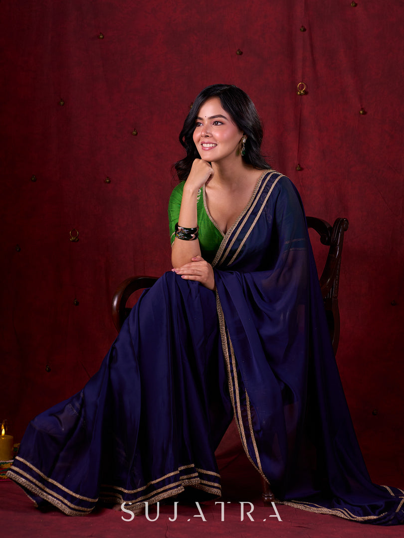 Royal Navy Silk Blend Ready To Wear Saree Adorned with Subtle Golden Lace