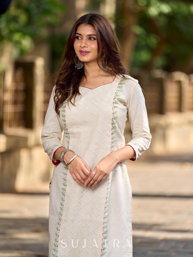 Simple White Cotton Kurta with Hakoba Panel & Hand Painted Border