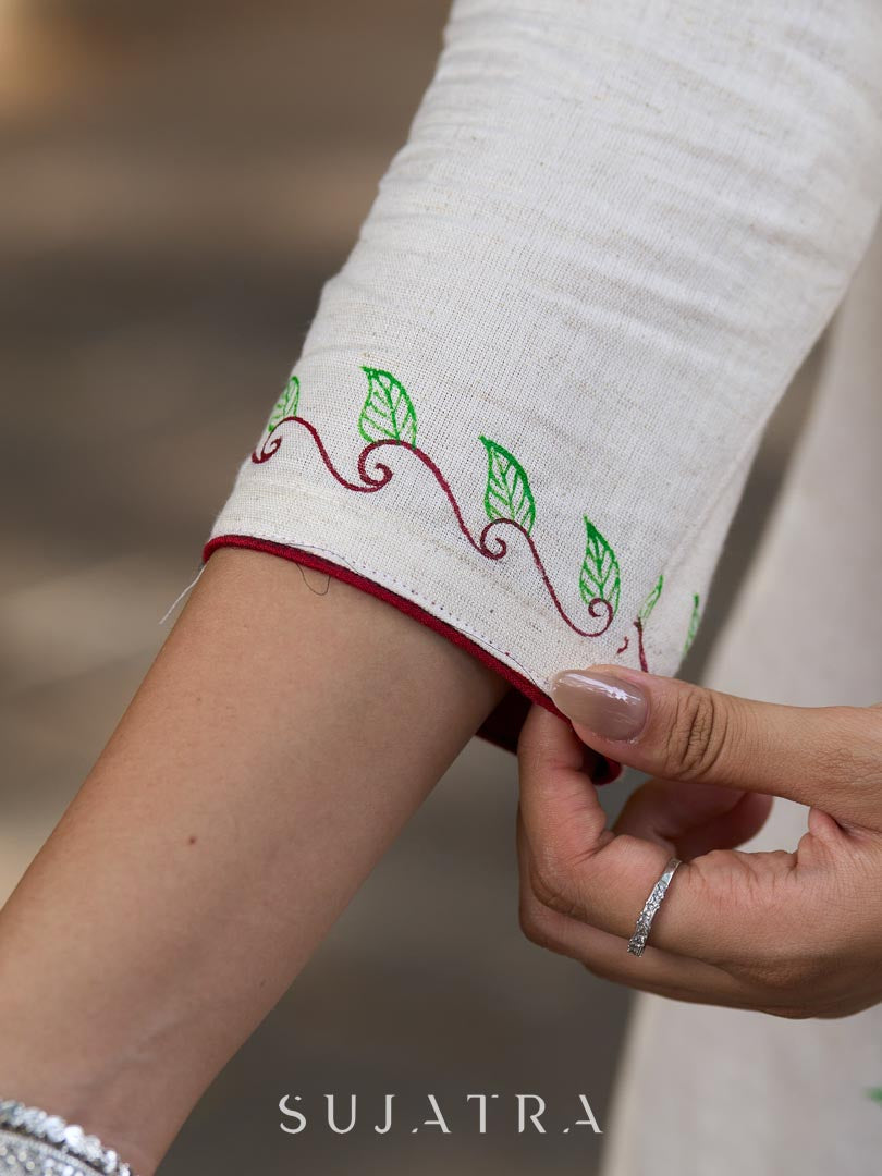 Simple White Cotton Kurta with Hakoba Panel & Hand Painted Border