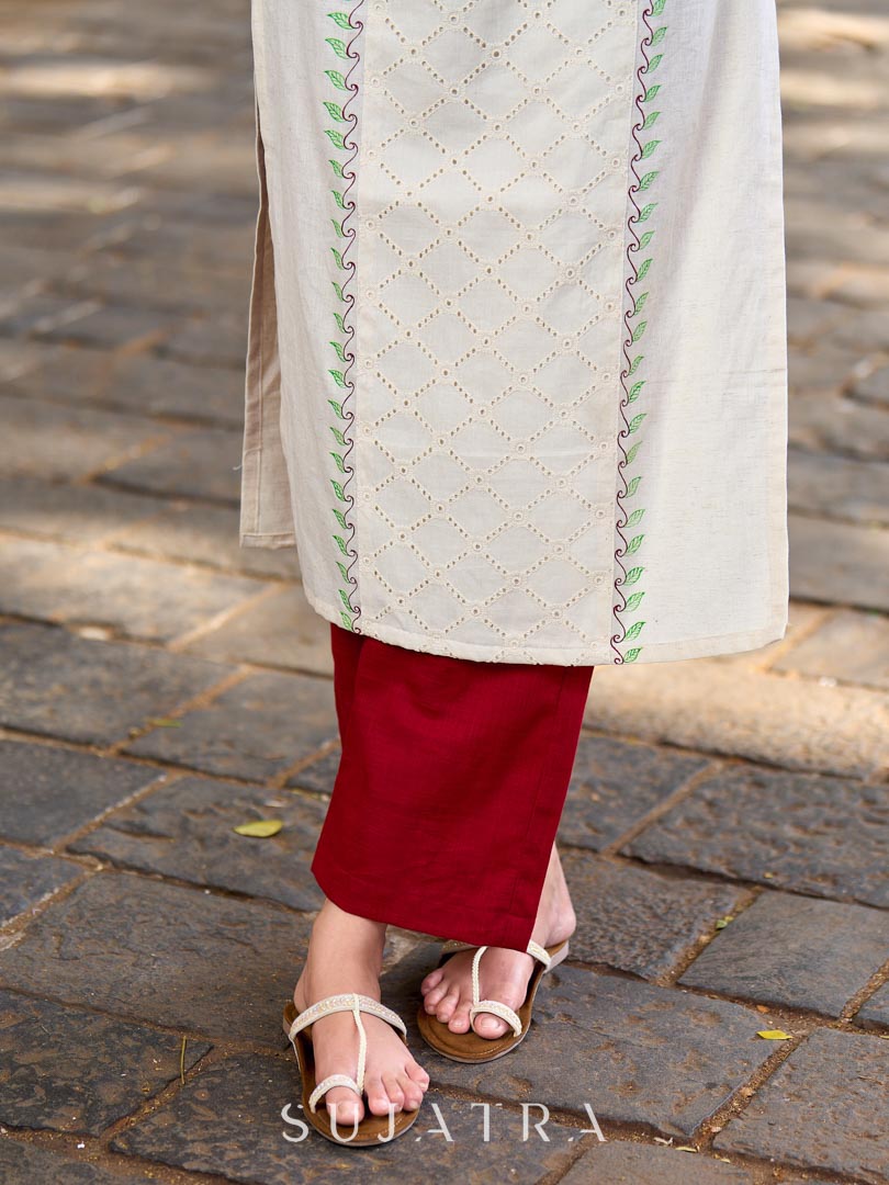 Simple White Cotton Kurta with Hakoba Panel & Hand Painted Border