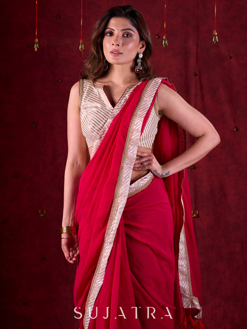 Luxe Off White Brocade Blouse with Stripes and Contrasting Maroon Highlights