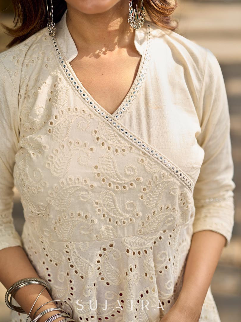 Classic Off-White Schiffli Embroidered Anarkali Kurta with Mirror Lace Trim