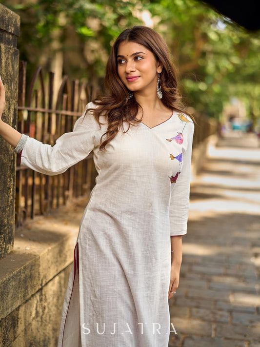 Pure White Cotton Straight Kurta with Minimal Hand Painted Gond Art Birds
