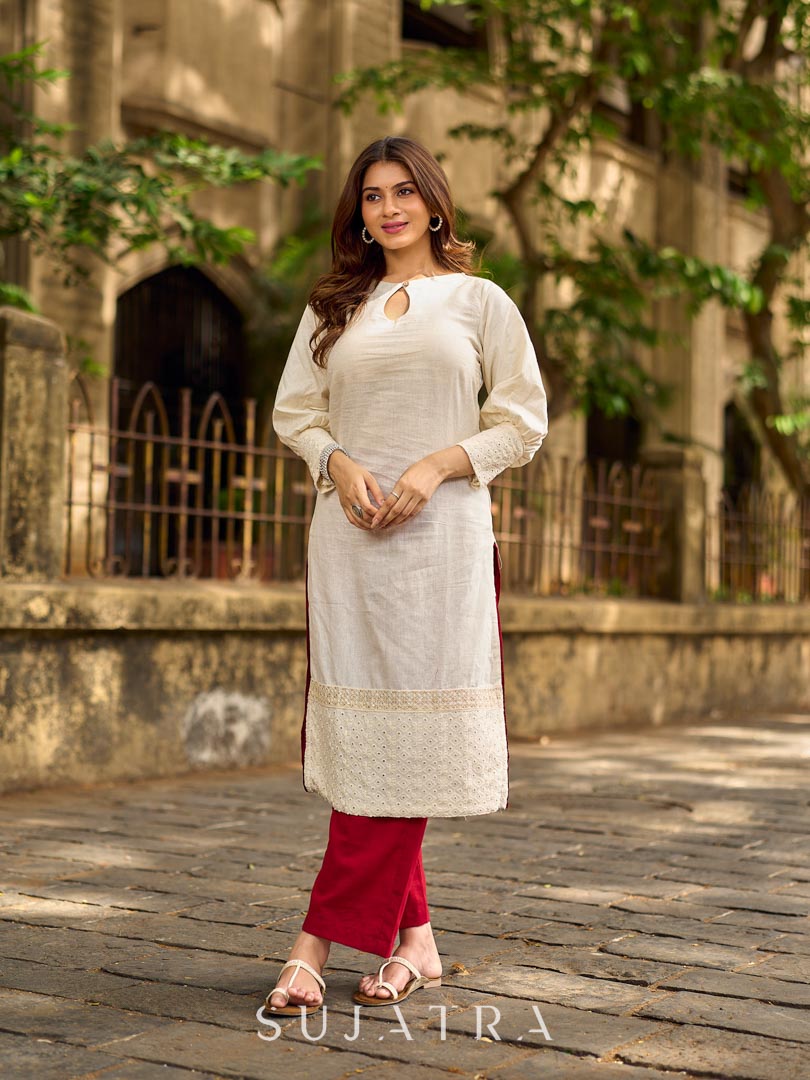 Simple Ivory Straight Kurta with Delicate Schiffli Hem Border & Gold Lace Detail