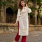 Simple Ivory Straight Kurta with Delicate Schiffli Hem Border & Gold Lace Detail