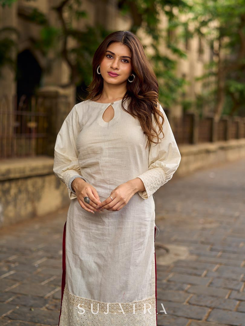 Simple Ivory Straight Kurta with Delicate Schiffli Hem Border & Gold Lace Detail