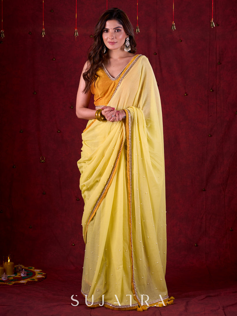 Light Yellow Mul Cotton Saree with Contrasting Mustard Border & Pearl Embroidered Pallu
