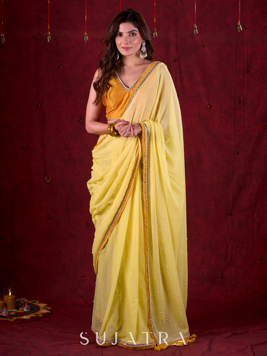 Light Yellow Mul Cotton Saree with Contrasting Mustard Border & Pearl Embroidered Pallu