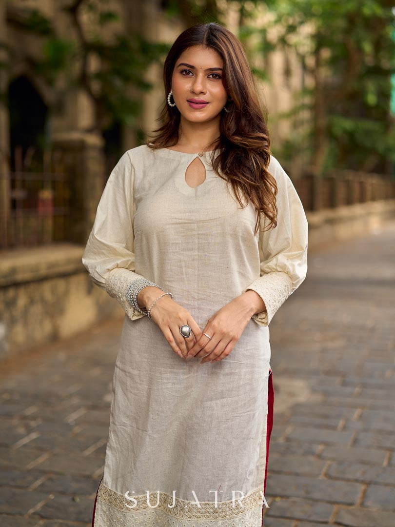 Simple Ivory Straight Kurta with Delicate Schiffli Hem Border & Gold Lace Detail