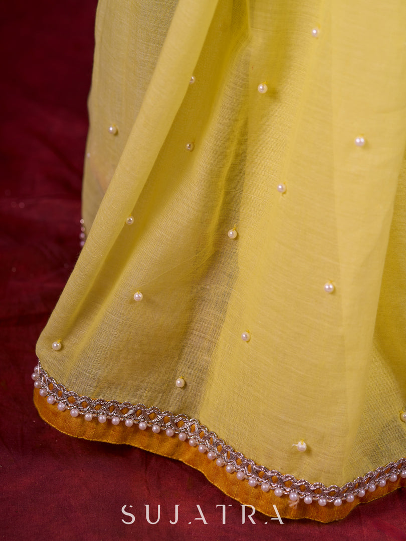 Light Yellow Mul Cotton Saree with Contrasting Mustard Border & Pearl Embroidered Pallu