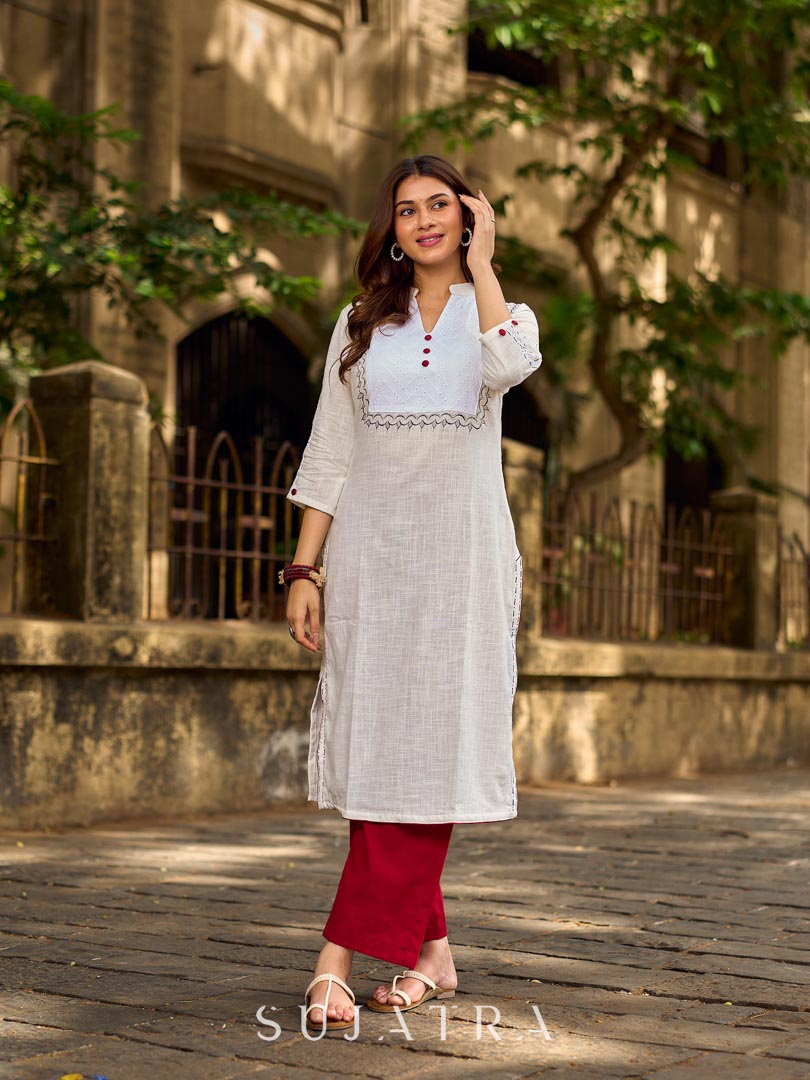 Elegant White Cotton Kurta with Hakoba Yoke & Delicate Hand Painted Border