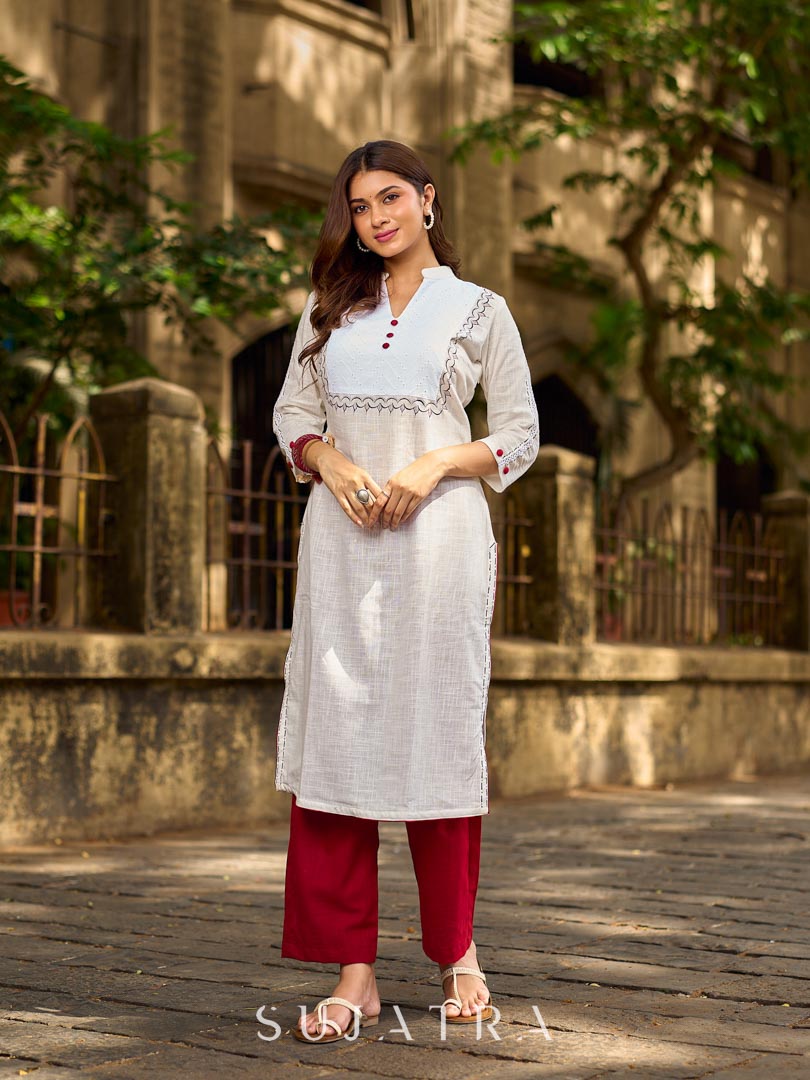 Elegant White Cotton Kurta with Hakoba Yoke & Delicate Hand Painted Border