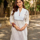 Elegant White Cotton Kurta with Hakoba Yoke & Delicate Hand Painted Border