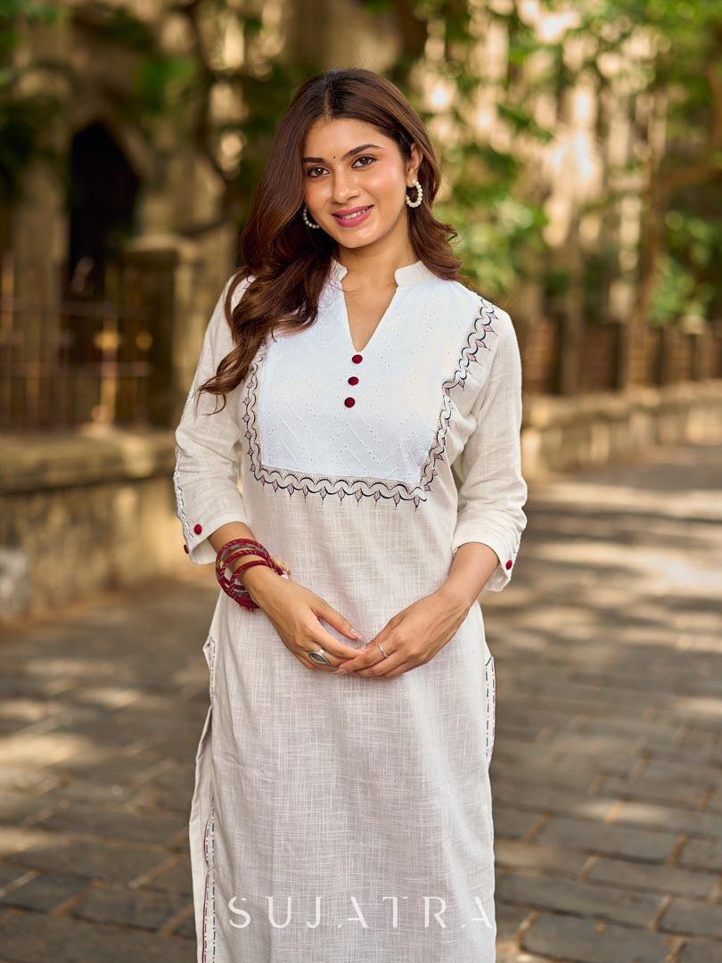Elegant White Cotton Kurta with Hakoba Yoke & Delicate Hand Painted Border