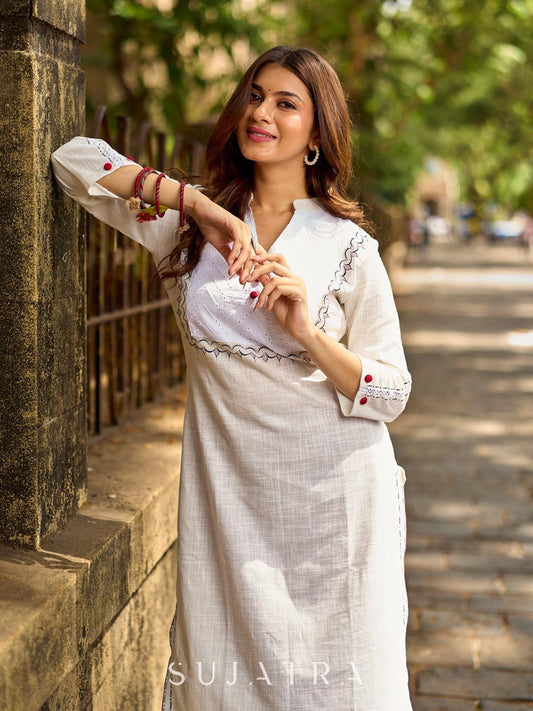 Elegant White Cotton Kurta with Hakoba Yoke & Delicate Hand Painted Border