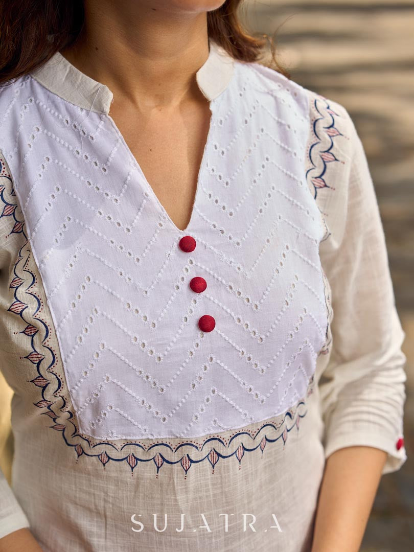 Elegant White Cotton Kurta with Hakoba Yoke & Delicate Hand Painted Border