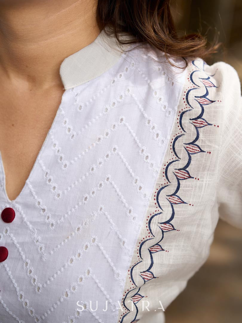 Elegant White Cotton Kurta with Hakoba Yoke & Delicate Hand Painted Border