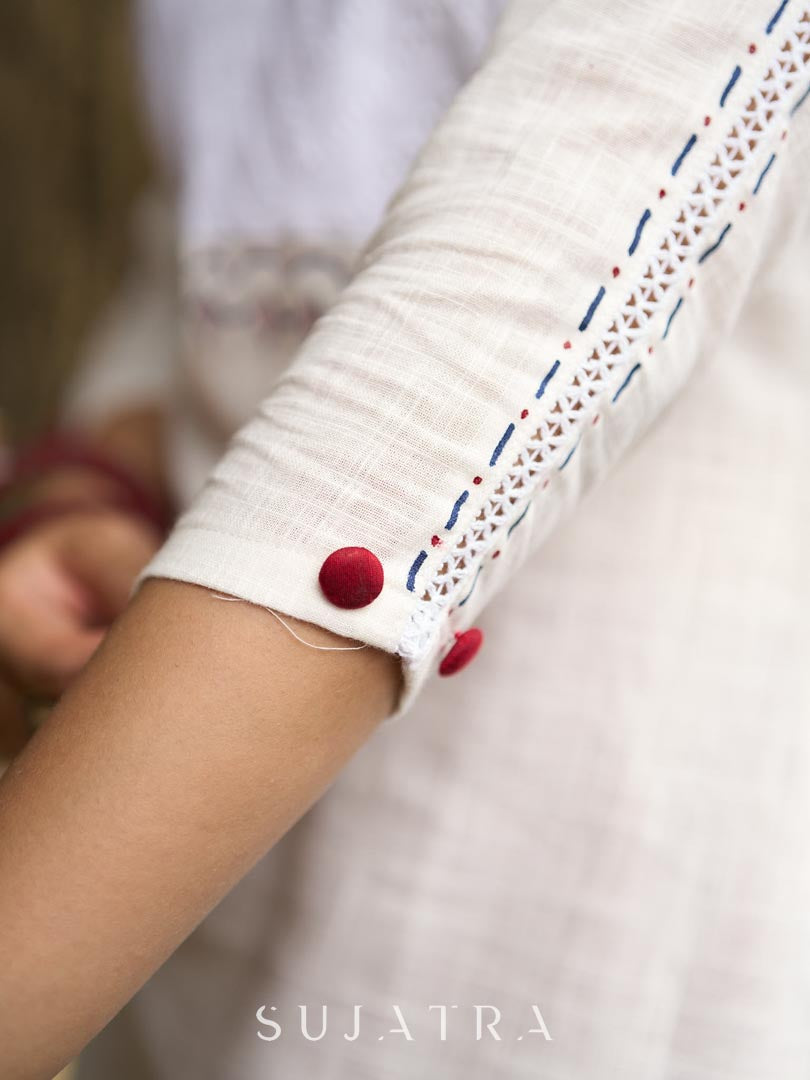 Elegant White Cotton Kurta with Hakoba Yoke & Delicate Hand Painted Border