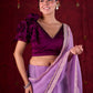 Regal Purple Silk Blend Statement Blouse with V-Neck, Ruffle Sleeve & Flower Accent on Shoulder