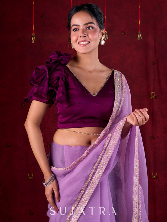 Regal Purple Silk Blend Statement Blouse with V-Neck, Ruffle Sleeve & Flower Accent on Shoulder