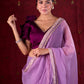 Regal Purple Silk Blend Statement Blouse with V-Neck, Ruffle Sleeve & Flower Accent on Shoulder