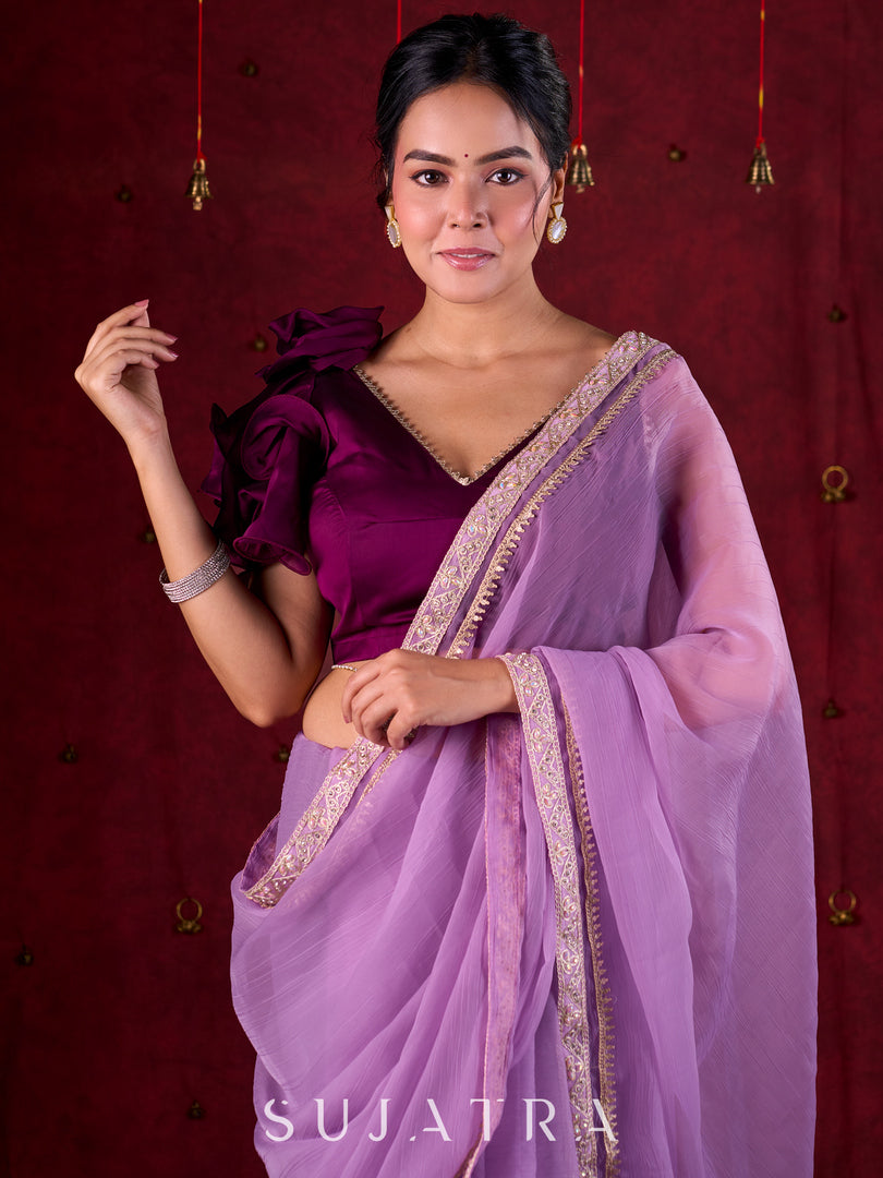 Regal Purple Silk Blend Statement Blouse with V-Neck, Ruffle Sleeve & Flower Accent on Shoulder