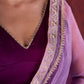 Regal Purple Silk Blend Statement Blouse with V-Neck, Ruffle Sleeve & Flower Accent on Shoulder