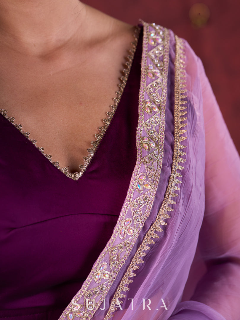 Regal Purple Silk Blend Statement Blouse with V-Neck, Ruffle Sleeve & Flower Accent on Shoulder