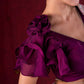 Regal Purple Silk Blend Statement Blouse with V-Neck, Ruffle Sleeve & Flower Accent on Shoulder
