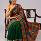 Festive plaid cotton saree in green, orange, and yellow tones