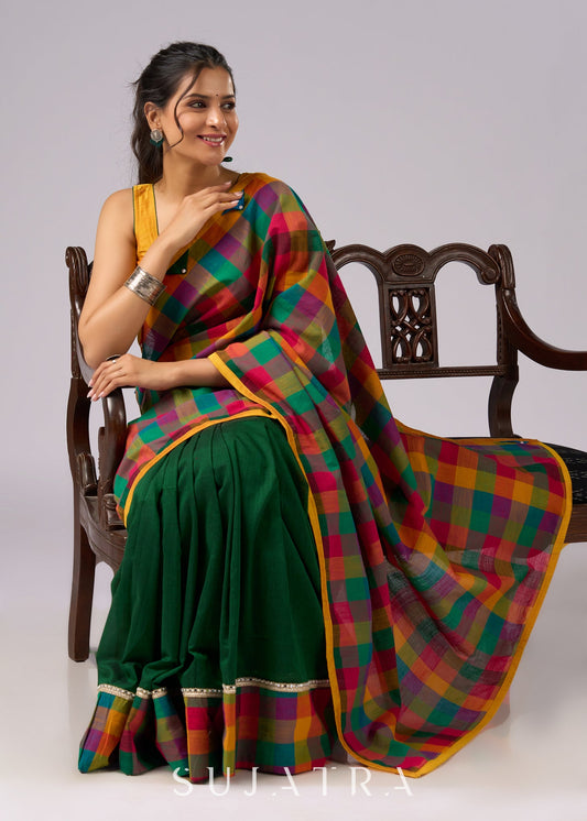Festive plaid cotton saree in green, orange, and yellow tones