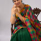 Festive plaid cotton saree in green, orange, and yellow tones
