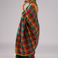 Festive plaid cotton saree in green, orange, and yellow tones