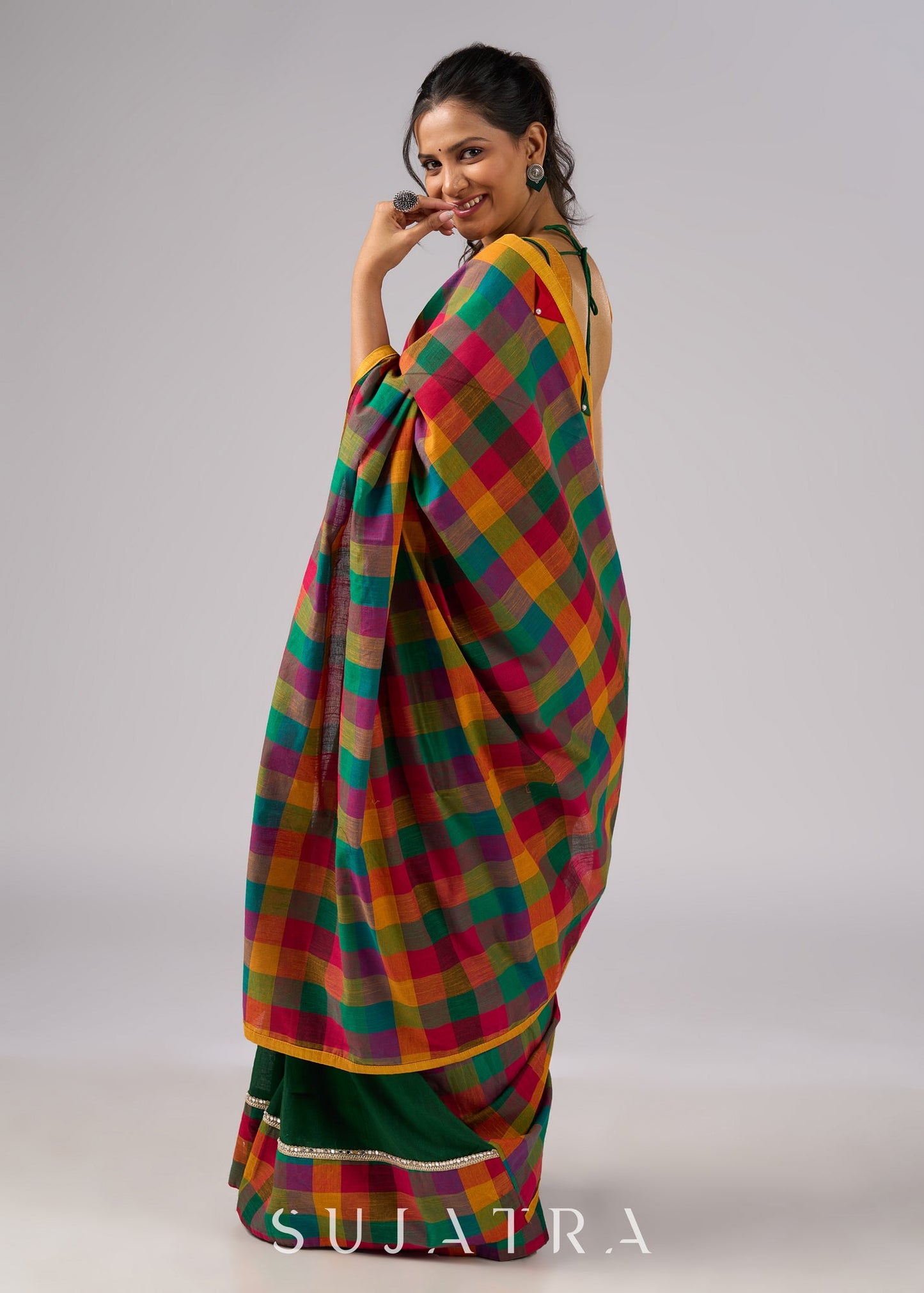 Festive plaid cotton saree in green, orange, and yellow tones
